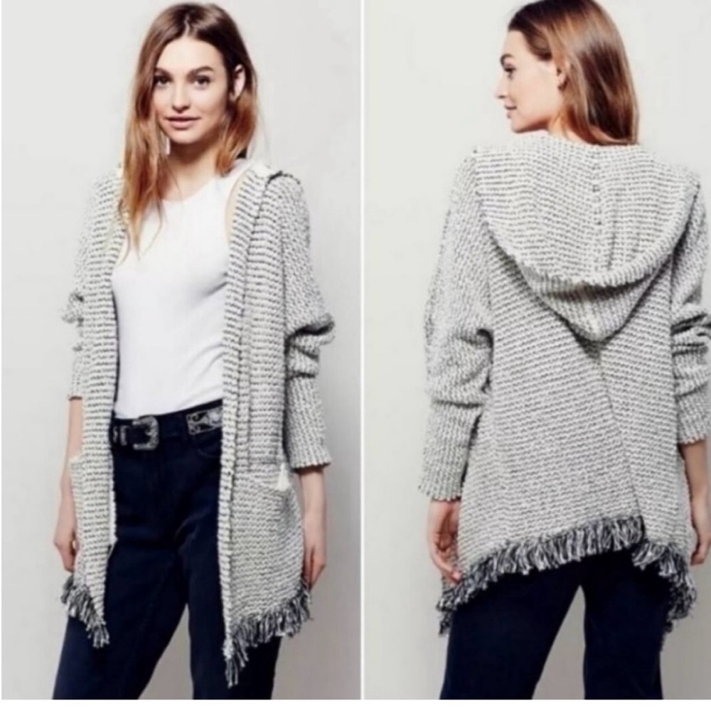 Free People Hooded Fringe Cardigan Sweater Boho Open Front Pockets Size Medium